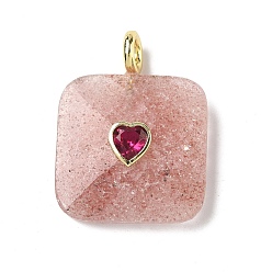 Клубничный Кварц Граненые подвески из натурального клубничного кварца, Квадратные подвески с латунными фианитами в оправе из кубического циркония, золотые, 33.5~35x25.5x8~8.5 мм, отверстие : 4 мм