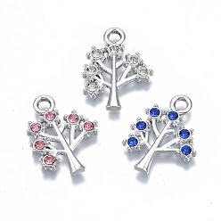 Mixed Color Alloy Pendants, with Rhinestone, Cadmium Free & Nickel Free & Lead Free, Tree of Life, Platinum, Mixed Color, 20x15x2mm, Hole: 2mm