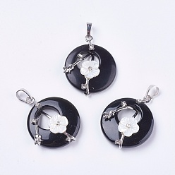 Black Agate Natural Black Agate Pendants, with Shell, Rhinestone and Platinum Tone Brass Findings, Flat Round with Flower, 35.5~36x28x8mm, Hole: 5x8mm