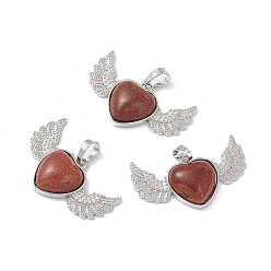 Goldstone Synthetic Goldstone Pendants, Heart Charms with Wing, with Platinum Tone Brass Findings, 22x37.5x7mm, Hole: 7.5x5mm