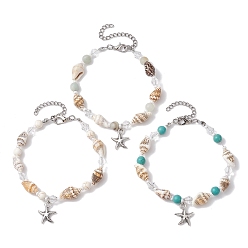 Mixed Stone 3Pcs 3 Style Alloy Starfish Charm Bracelets Set, with Natural & Synthetic Mixed Gemstone & Shell Beaded, 7-1/4 inch(18.5cm), 1Pc/style