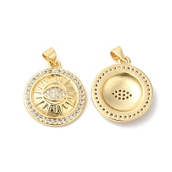 Real 16K Gold Plated Brass Micro Pave Clear Cubic Zirconia Pendants, Flat Round with Eye Charms, Real 16K Gold Plated, 23x19.5x4mm, Hole: 4x3.5mm