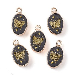 Obsidian Natural Obsidian Pendants, Golden Plated Brass Oval Charms with Butterfly, 17.5x10.5x5mm, Hole: 1.6mm