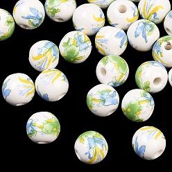Light Green Floral Printed Porcelain Beads, Flower Patterned Ceramic Beads, Round, Light Green, 8mm, Hole: 2mm
