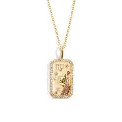 Virgo Brass Micro Pave Cubic Zirconia Rectangle with Constellation Pendant Necklaces, with Enamel, Cable Chain Necklace for Women, Virgo, 15-3/4 inch(40cm)