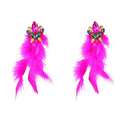 colorful Exaggerated Alloy Inlaid Rhinestone Flower Long Feather Tassel Earrings for Women Bohemian Artistic Chic Ear Jewelry