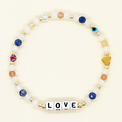 B-B220041A Chic Gemstone Elastic Bracelet with Crystal Beads and LOVE Letter Charm