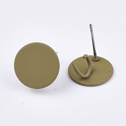 Dark Khaki Spray Painted Iron Stud Earring Findings, with Steel Pins and Loop, Flat Round, Dark Khaki, 12mm, Hole: 4mm, Pin: 0.7mm