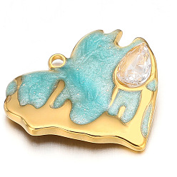 Turquoise Stainless Steel Rhinestone Pendants, with Enamel, Golden, Heart Charm, Turquoise, 24x20mm, Hole: 2.1mm
