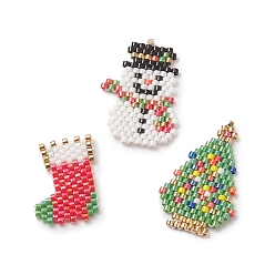 Mixed Color 3Pcs 3 Style Handmade MIYUKI Japanese Seed Loom Pattern Seed Beads, Christmas Tree & Sock & Snowman Pendants, Mixed Color, 21~29x16~20x1.8mm, Hole: 0.7mm, 1Pc/style