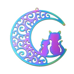 Rainbow Color 201 Stainless Steel Filigree Pendants, Etched Metal Embellishments, Moon with Cat Charm, Rainbow Color, 58x53x0.2mm, Hole: 1.8mm