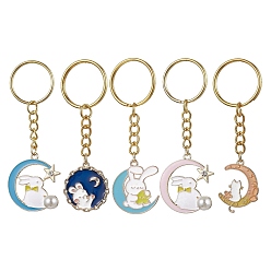 Mixed Shapes Porte-clés pendentif lune/plat rond avec lapin en alliage émaillé, avec porte-clés fendus, formes mixtes, 7.8~8.6 cm