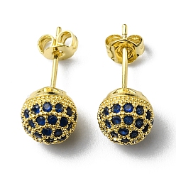 Dark Indigo Rhinestone Disco Ball Stud Earrings, Real 18K Gold Plated Brass Jewelry for Women, Lead Free & Cadmium Free, Dark Indigo, 19~20x8mm, Pin: 0.7mm