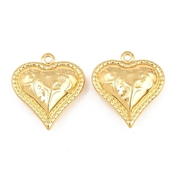 Real 18K Gold Plated Brass Pendants, Heart with Flower & Leaf Charms, Rack Plating, Long-Lasting Plated, Lead Free & Cadmium Free, Real 18K Gold Plated, 34x30.5x11mm, Hole: 2.5mm