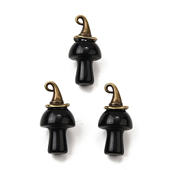 Обсидиан Подвески из натурального обсидиана в виде гриба, с ведьминой шляпой из сплава, античная бронза, 31~31.5x15~15.5 мм, отверстие : 1.5x2 мм