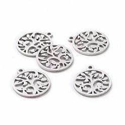Stainless Steel Color 201 Stainless Steel Pendants, Filigree Joiners Findings, Laser Cut, Flat Round with The Tree of Life, Stainless Steel Color, 17x14.5x1mm, Hole: 1.5mm