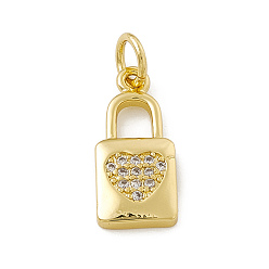 Real 18K Gold Plated Brass Micro Pave Clear Cubic Zirconia Pendants, with Open Jump Rings, Lock Charms with Heart Pattern, Real 18K Gold Plated, 16x7x2mm, Jump Ring: 4.5x0.7mm, Inner Diameter: 3mm 