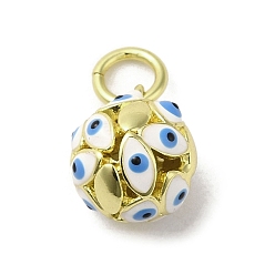 White Brass Enamel Charms, with Jump Ring, Real 18K Gold Plated, Round with Evil Eye Charm, White, 12.5x10mm, Hole: 3.6mm