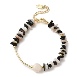 Real 14K Gold Plated Natural Pearl & Shell & Obsidian Chips Beaded Bracelets, with Brass Clasps, Real 14K Gold Plated, 6-5/8 inch(16.7cm)
