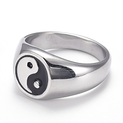 Stainless Steel Color 304 Stainless Steel Finger Rings, Yin Yang Ring, with Enamel, Gossip, Stainless Steel Color, Size 11, Inner Diameter: 20.8mm