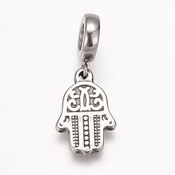Stainless Steel Color 304 Stainless Steel European Dangle Charms, Large Hole Pendants, Hamsa Hand/Hand of Fatima/Hand of Miriam, Stainless Steel Color, 28mm, Hole: 5mm, Pendant: 18x12x2mm