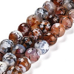 Chocolate Natural Fire Crackle Agate Beads Strands, Dyed & Heated, Round, Faceted, Chocolate, 13.5~14mm, Hole: 1.4mm, about 28~29pcs/strand, 15.16 inch(38.5cm)