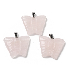 Rose Quartz Natural Rose Quartz Carved Pendants, Butterfly Charms with Platinum Plated Brass Snap on Bails, 30x35.5x7mm, Hole: 7x4.5mm