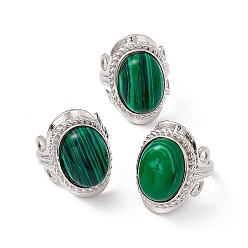 Malachite Natural Malachite Oval Adjustable Ring, Platinum Brass Wide Ring for Women, Cadmium Free & Nickel Free & Lead Free, US Size 7 3/4(17.9mm)
