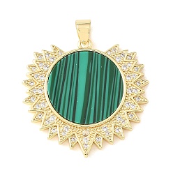 Malachite Synthetic Malachite Pendants, Brass Micro Pave Clear Cubic Zirconia Sun Bezeled Charms, Rack Plating, Long-Lasting Plated, Lead Free & Cadmium Free, Real 18K Gold Plated, 33x34x2.5mm, Hole: 6x4mm