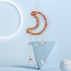 Carnelian Glass & Brass Moon Pendant Decorations, Suncatchers, Rainbow Maker, with Chips Carnelian, for Home Decoration, 520mm