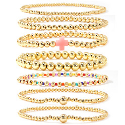Pink 7 шт. латунные круглые браслеты с бусинами для женщин, с пластиковыми крестообразными бусинами, золотые, розовые, 6.50 дюйм (16.5 см) ~ 6.89 дюйм (17.5 см)