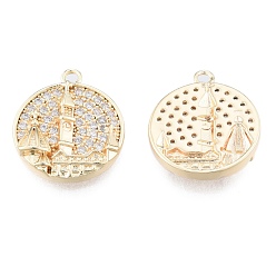 Real 18K Gold Plated Brass Micro Pave Clear Cubic Zirconia Pendants, Cadmium Free & Nickel Free & Lead Free, Flat Round with City, Real 18K Gold Plated, 17.5x15x3mm, Hole: 1.6mm