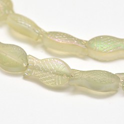 Honeydew Frosted Electroplate Glass Fish Beads Strands, Rainbow Plated, Honeydew, 15x8x5mm, Hole: 1mm, about 30pcs/strand, 16 inch