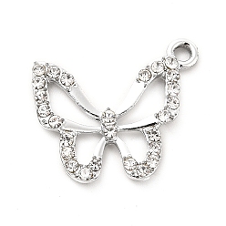 Crystal Alloy Rhinestone Pendants, Platinum Tone Hollow Out Butterfly Charms, Crystal, 20x22.5x2.8mm, Hole: 2mm