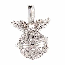 Silver Brass Cage Pendants, For Chime Ball Pendant Necklaces Making, Cadmium Free & Nickel Free & Lead Free, Hollow Round with Wing, Silver Color Plated, 23x23x16mm, Hole: 4x9.5mm, Inner Diameter: 12mm