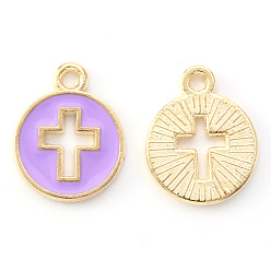 Orchid Light Gold Plated Alloy Enamel Pendants, Flat Round with Cross, Orchid, 15x12x1.5mm, Hole: 1.6mm