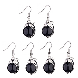 Obsidian Natural Obsidian Dolphin Dangle Earrings with Crystal Rhinestone, Platinum Brass Jewelry for Women, 38mm, Pin: 0.6mm