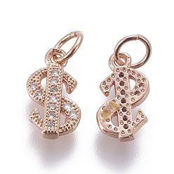 Розовое Золото Латунные микро проложить кубического циркония прелести, знак доллара, прозрачные, розовое золото , 11.5x6.5x2 мм, отверстие : 3 мм