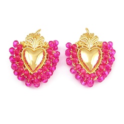 Magenta Alloy & Glass Seed Beaded Pendants, Heart Charm, Long-Lasting Plated, Rack Plating, Cadmium Free & Lead Free, with Brass Jump Ring, Golden, Magenta, 32x27x8mm, Hole: 5mm