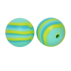 Turquoise Round with Stripe Print Pattern Food Grade Silicone Beads, Silicone Teething Beads, Turquoise, 15mm