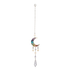 Mixed Stone Natural Gemstone Chips Moon Pendant Decorations, Suncatchers Hanging, with Teardrop Glass Pendants, Star/Sun, 320mm