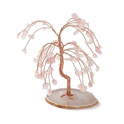 Rose Quartz Natural Rose Quartz Chips and Natural Agate Pedestal Display Decorations, with Rose Gold Plated Brass Wires, Lucky Tree, 54~72x89~112x107~112mm