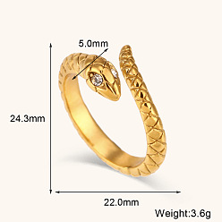 Open-mouthed White Diamond Eye Pattern Snake Ring - Gold Vintage Stainless Steel 18K Gold Plated Snake Ring with Diamond Eyes and Grid Pattern for Women