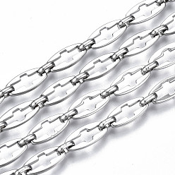 Stainless Steel Color 304 Stainless Steel Link Chains, with Spool, Unwelded, Nickel Free, Oval with Hollow Cross, Stainless Steel Color, 13.5x6.5x1.5mm