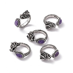 Charoite Dragon Head Natural Charoite Cuff Rings, Antique Silver Tone Brass Open Rings for Women, 5mm, Inner Diameter: US Size 8 1/4(18.3mm)