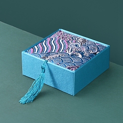 Темно-Голубой Коробка из волнистой парчи и атласа в китайском стиле, Для браслетов, серьга, квадратный, глубокое синее небо, 10x10x4 см