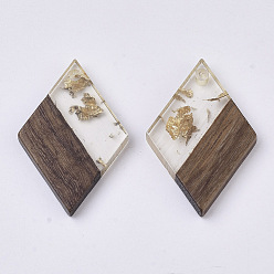 Gold Transparent Resin & Walnut Wood Pendants, with Gold Foil, Waxed, Rhombus, Gold, 29x19.5x3.5mm, Hole: 2mm
