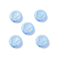 Light Sky Blue Opaque Acrylic Beads, Metal Enlaced, Flat Round with Flower Pattern, Light Sky Blue, 17.5~18x5~5.5mm, Hole: 1.8mm, about 399pcs/500g