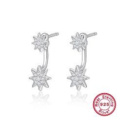 Platinum Rhodium Plated 925 Sterling Silver Front Back Stud Earrings, Rhinestone Snowflake Drop Earrings, with 925 Stamp, Platinum, 22x9mm
