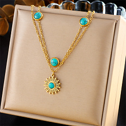 Golden Synthetic Turquoise 304 Stainless Steel Sun Pendant Double Layer Necklaces for Women, Golden, 15.75 inch(40cm)